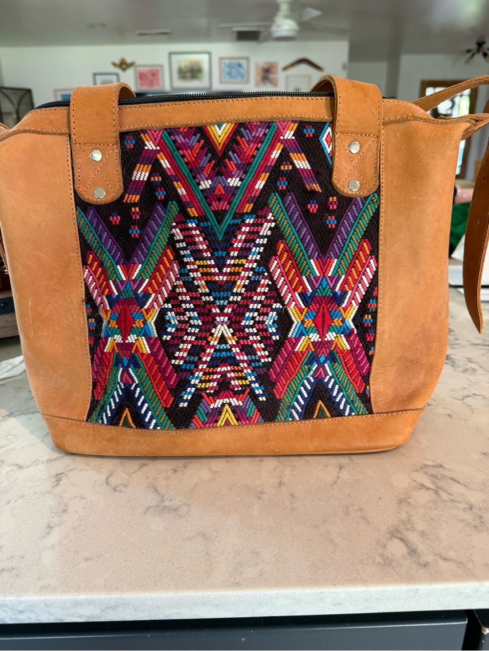 Handcrafted Multicolor Embroidered Tote with Tan Suede Trim